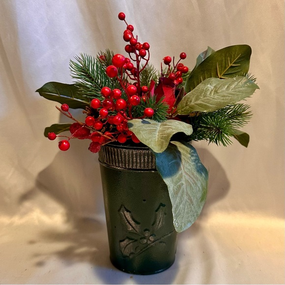 Other - Festive Green and Red Silk Holiday Arrangement Roses Berries Pine in Metal Pot